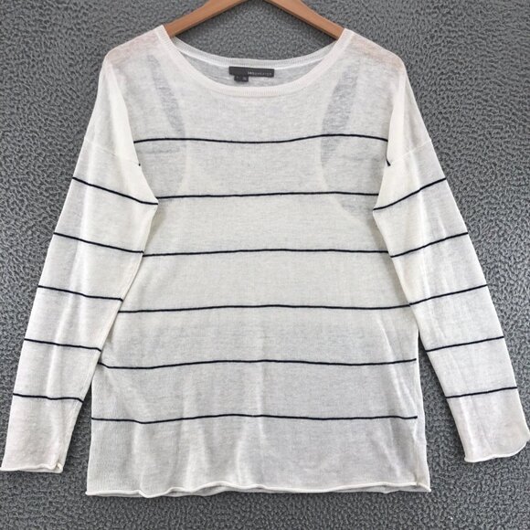 360 Sweater Womens Large White Striped Linen Knit Pullover Long Sleeves Casual - Picture 1 of 10
